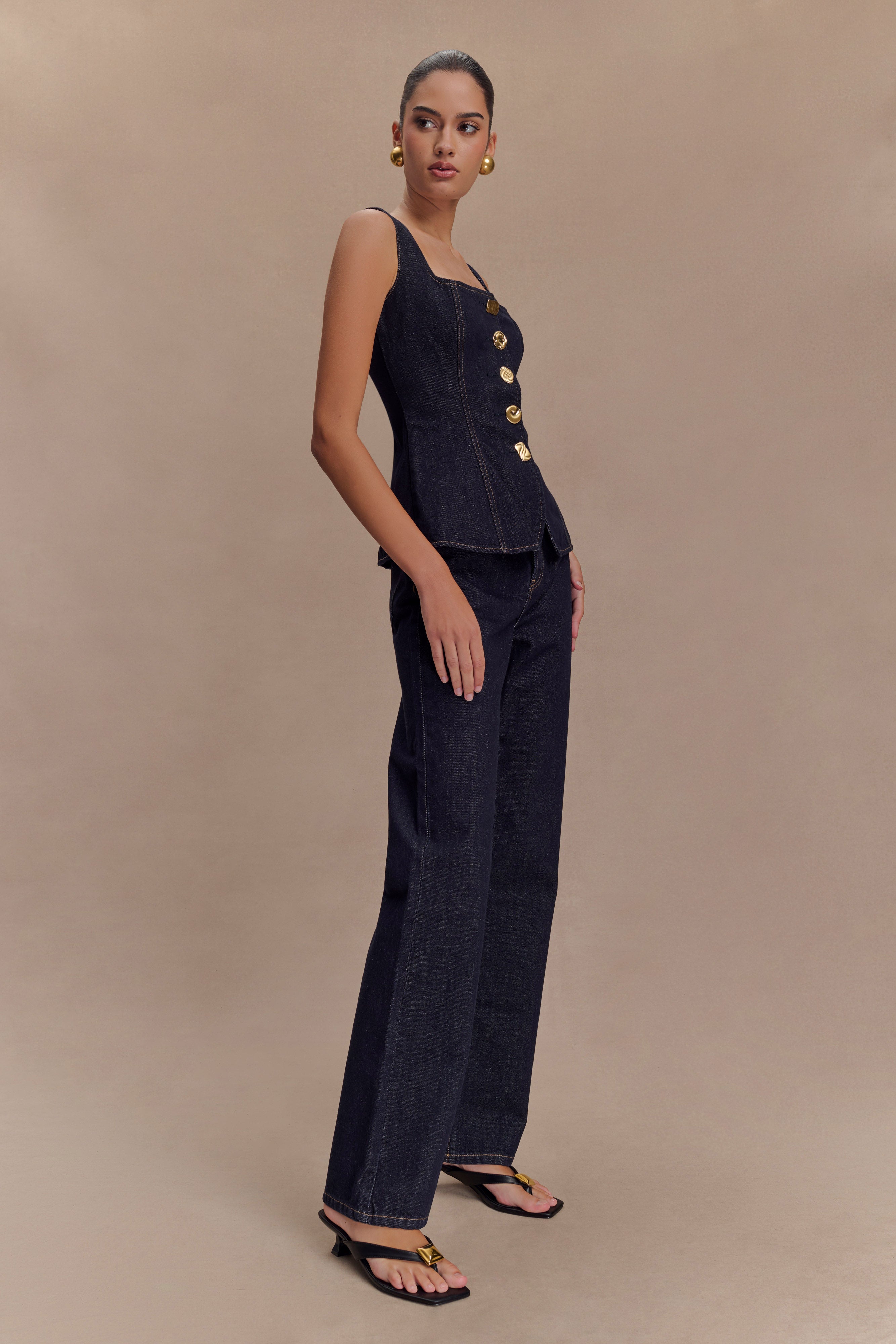 Neve Sleeveless Buttoned Denim Top - Washed Indigo Blue