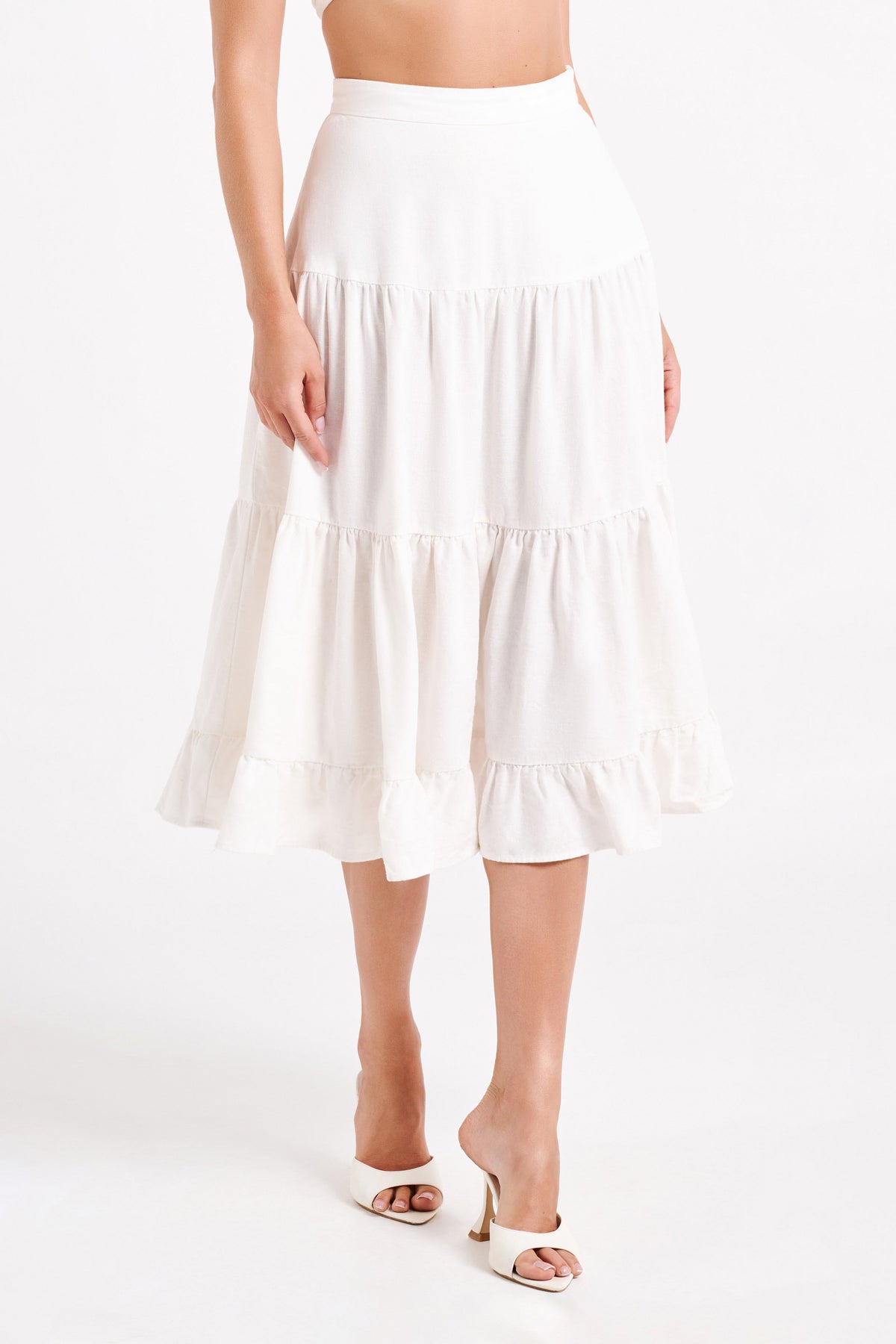 Hilaria Tiered Linen Midi Skirt - White