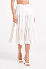 Hilaria Tiered Linen Midi Skirt - White